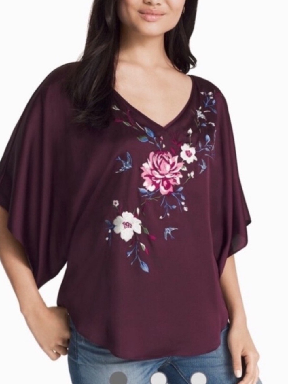White House Black Market Burgundy Embroidered Kimono Sleeve Top, Size XS Petite